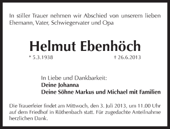 Traueranzeige von Helmut Ebenhöch von Pegnitz-Zeitung